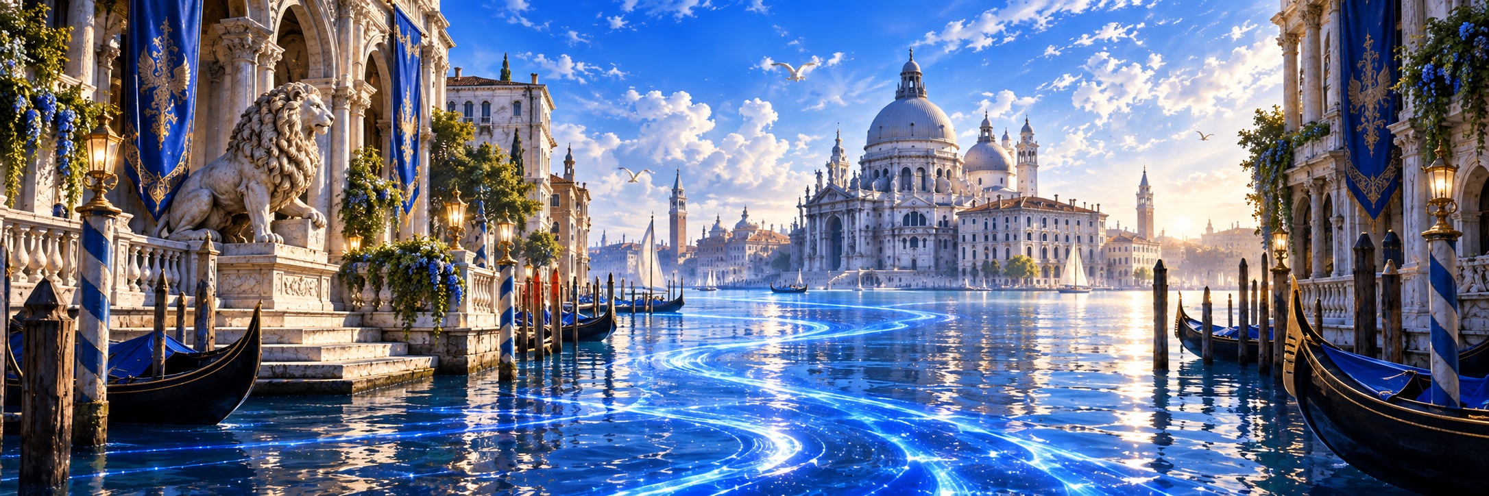 A bright Venetian lagoon crossed by a luminous blue current