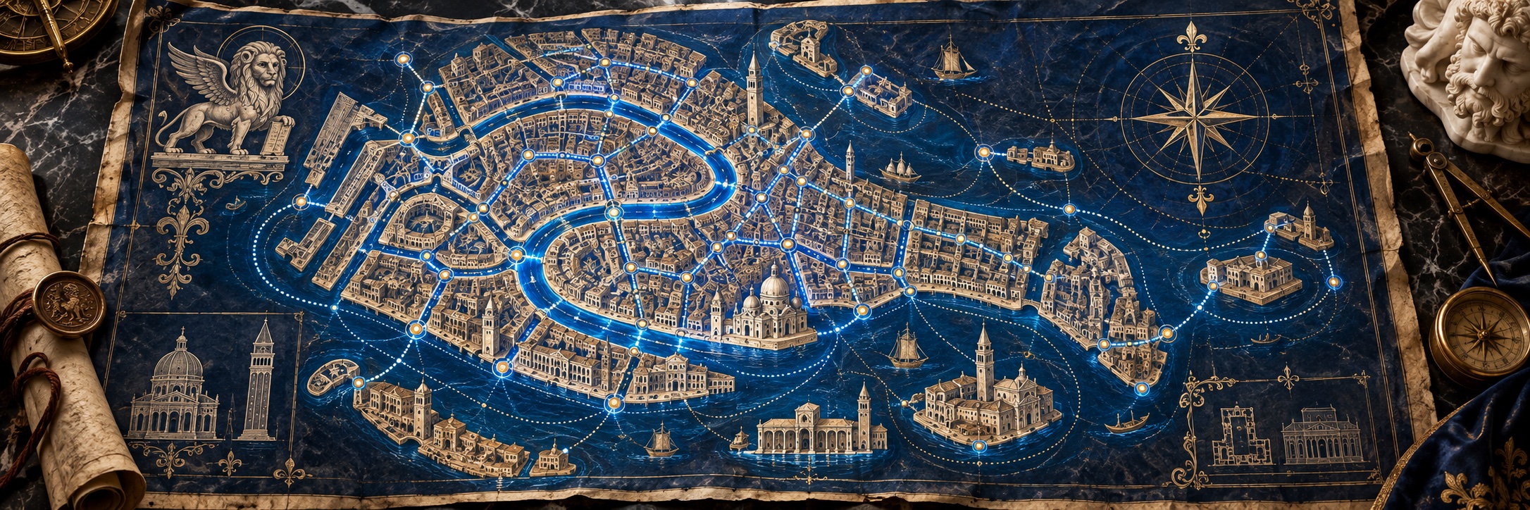A renaissance map of Venice illuminated by a connected blue network