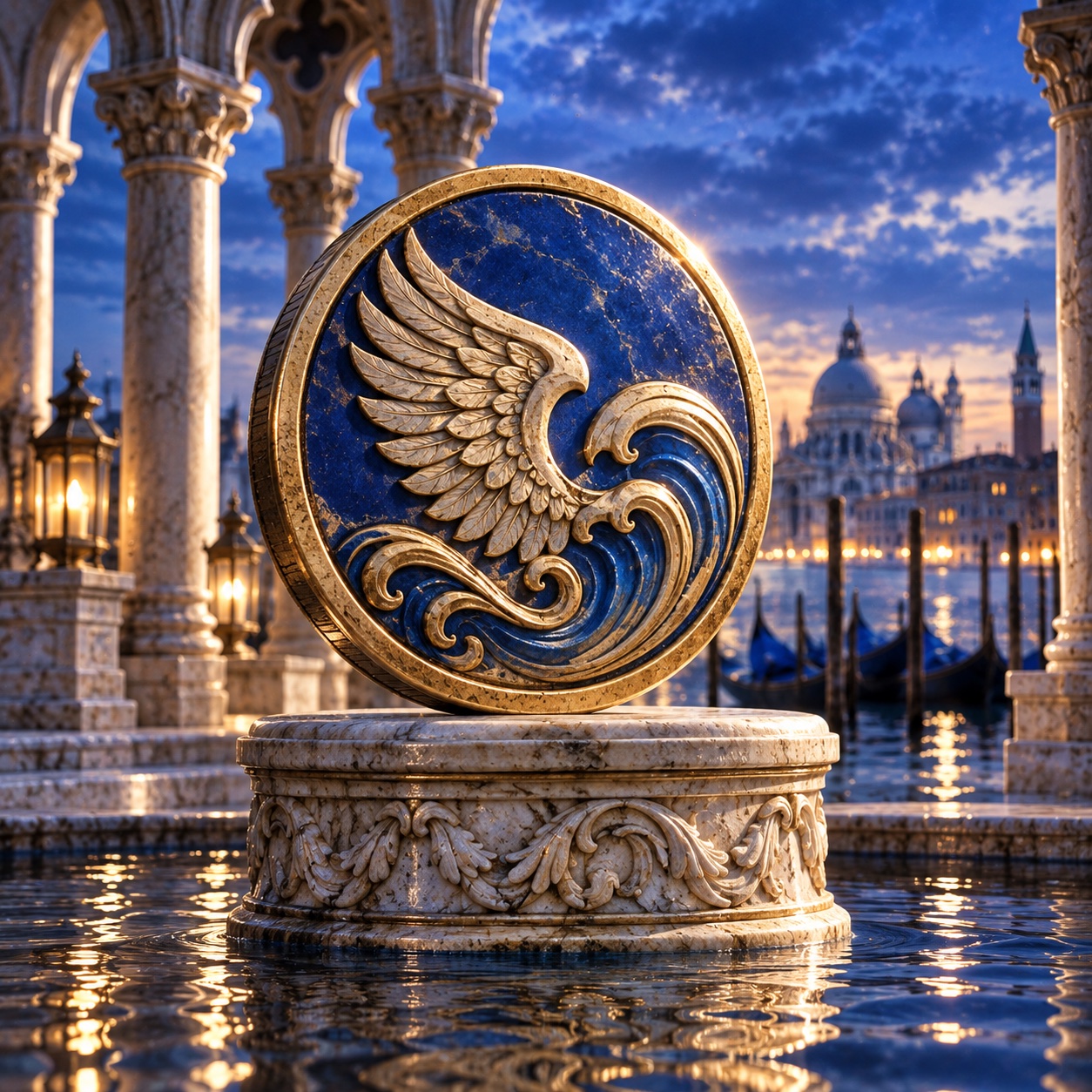 A blue and gold wing-and-wave medallion on a marble pedestal